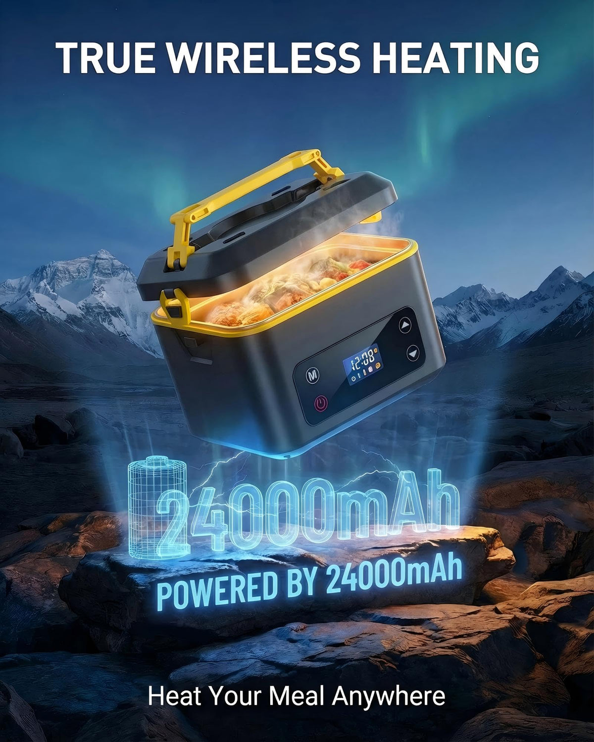 RUDAP 24k battery highlight showing long cordless heating for on-the-go meals