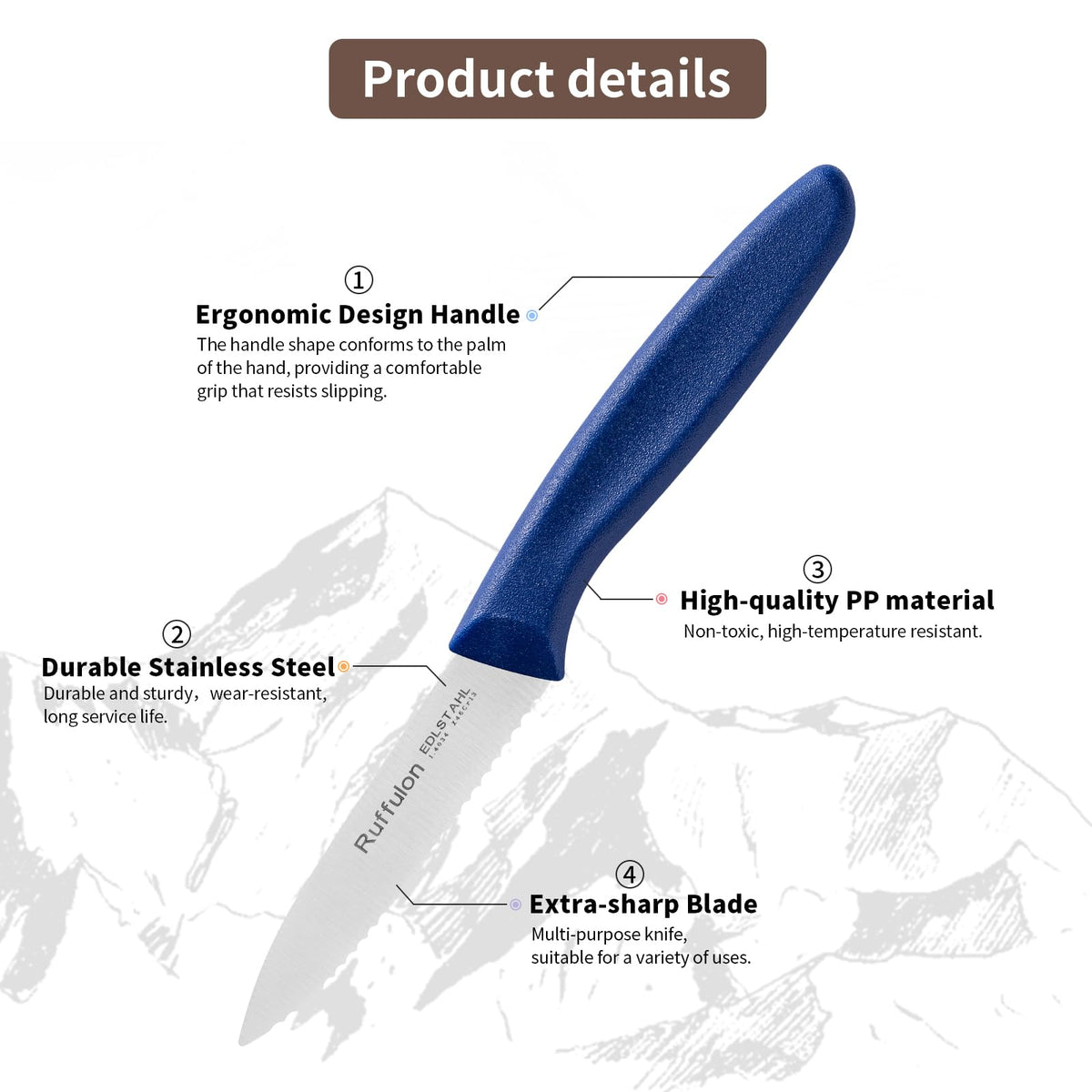 Ruffulon 6-piece paring knife set shown for versatile kitchen tasks.