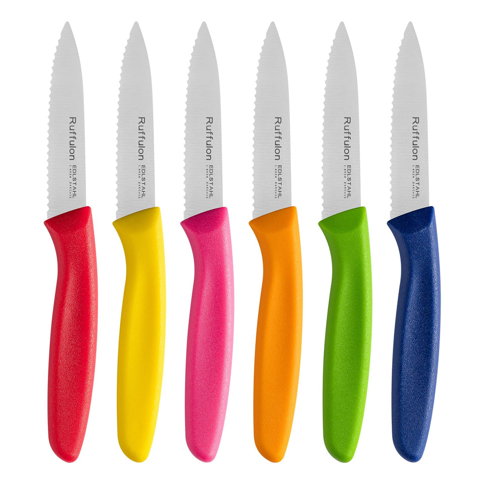 Ruffulon paring knife close-up shows serrated blade for precise peeling.