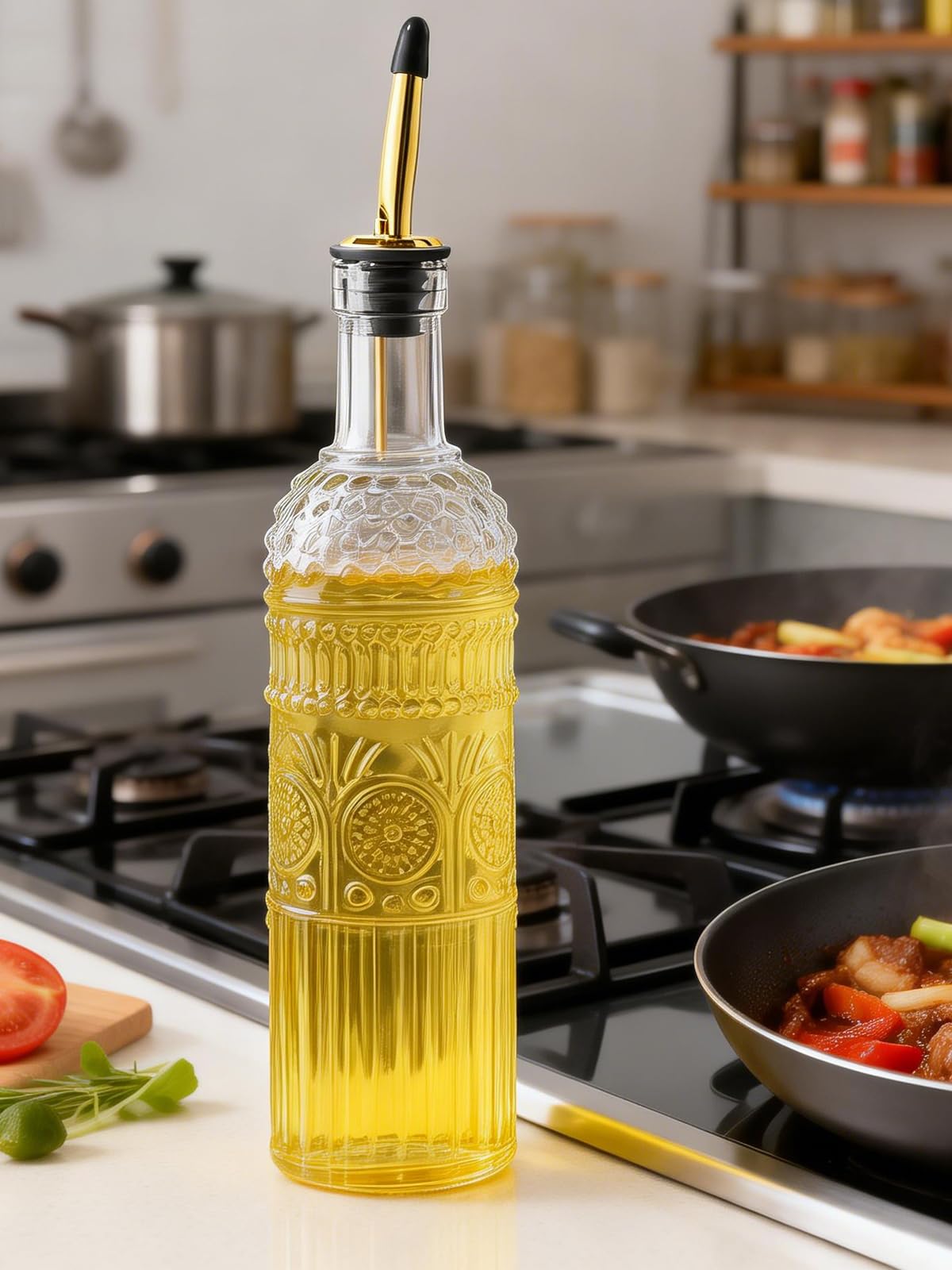 Ruiao multi-use dispenser for oils and sauces on the pantry shelf.