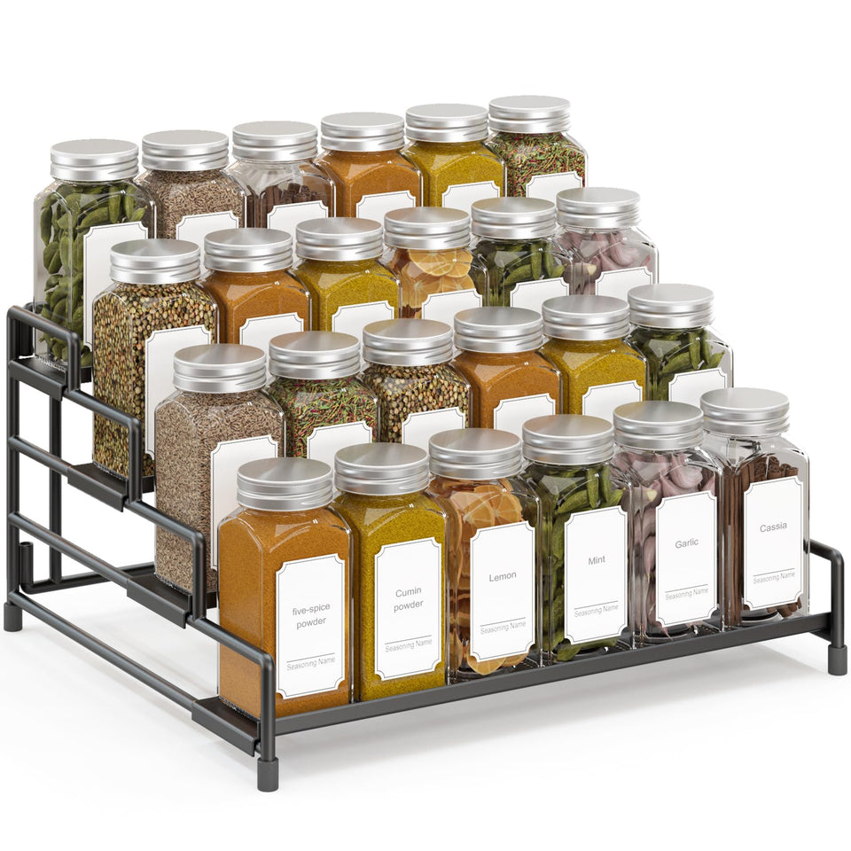 RUILALIFE 4-tier spice rack on countertop keeps bottles organized and within reach.
