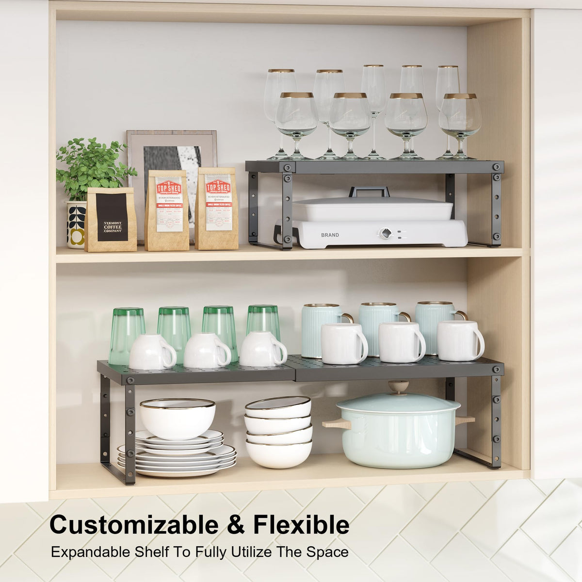 RUILALIFE adjustable-height shelf riser fits tall bottles neatly on a counter