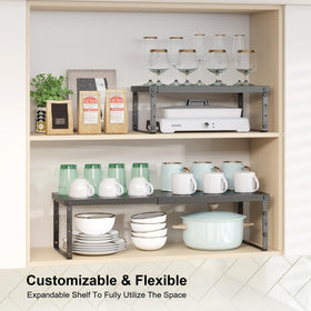 RUILALIFE adjustable-height shelf riser fits tall bottles neatly on a counter