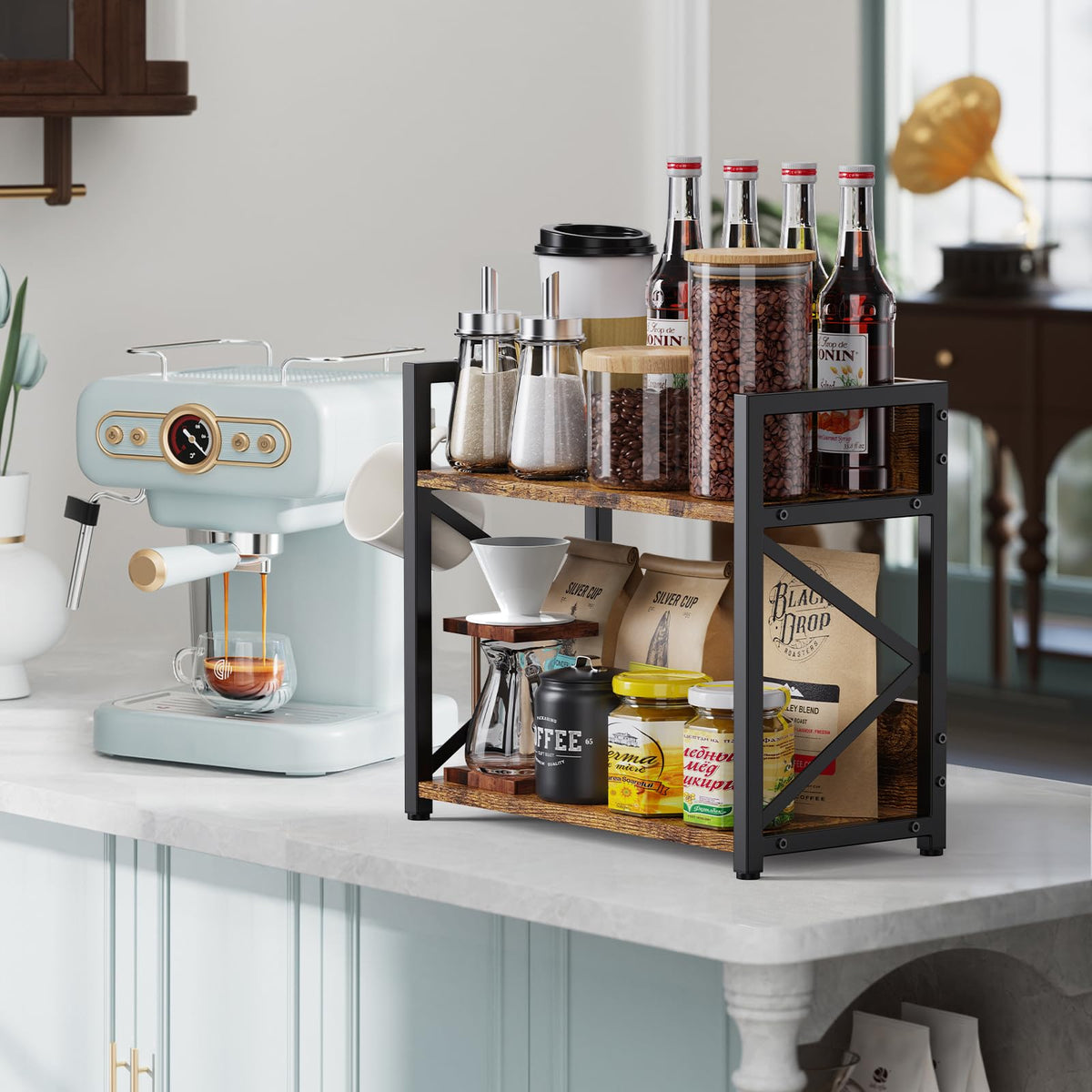 RUILALIFE coffee bar station organizer side view adds stable storage near the coffee nook