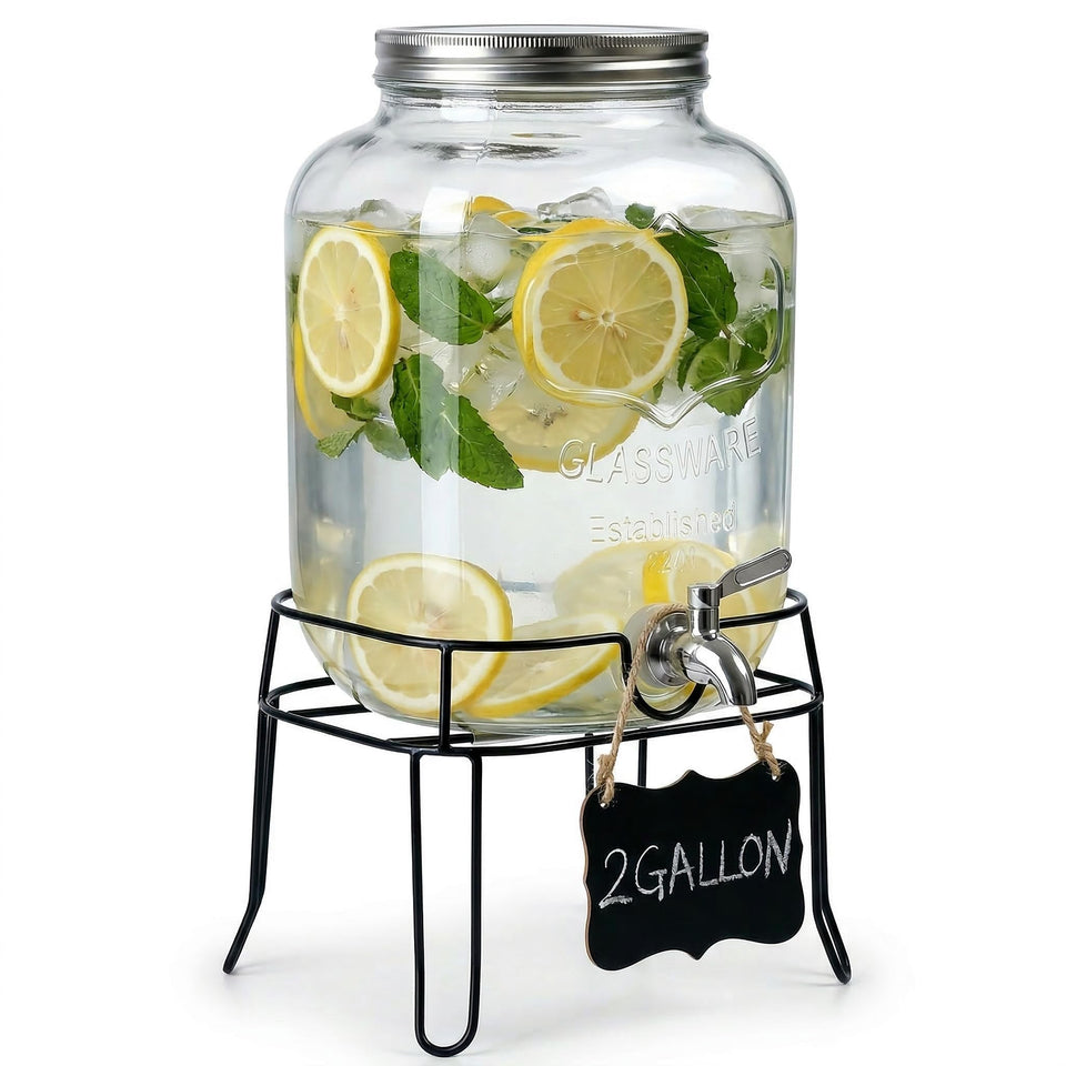 RuileMei 2-gallon glass dispenser on stand for easy entertaining.