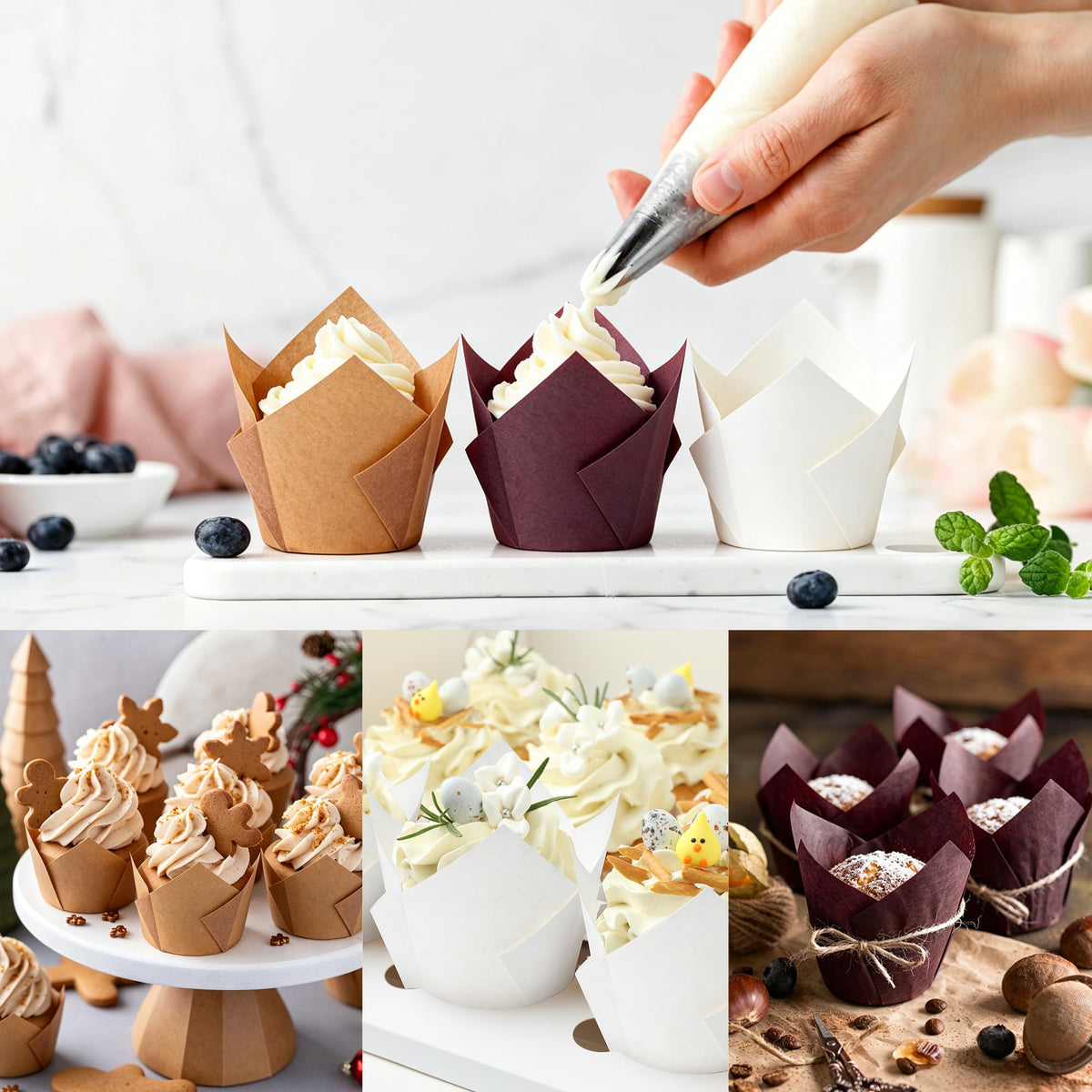 Ruisita mini tulip cups closeup shows greaseproof paper for sturdy muffins and easy release.