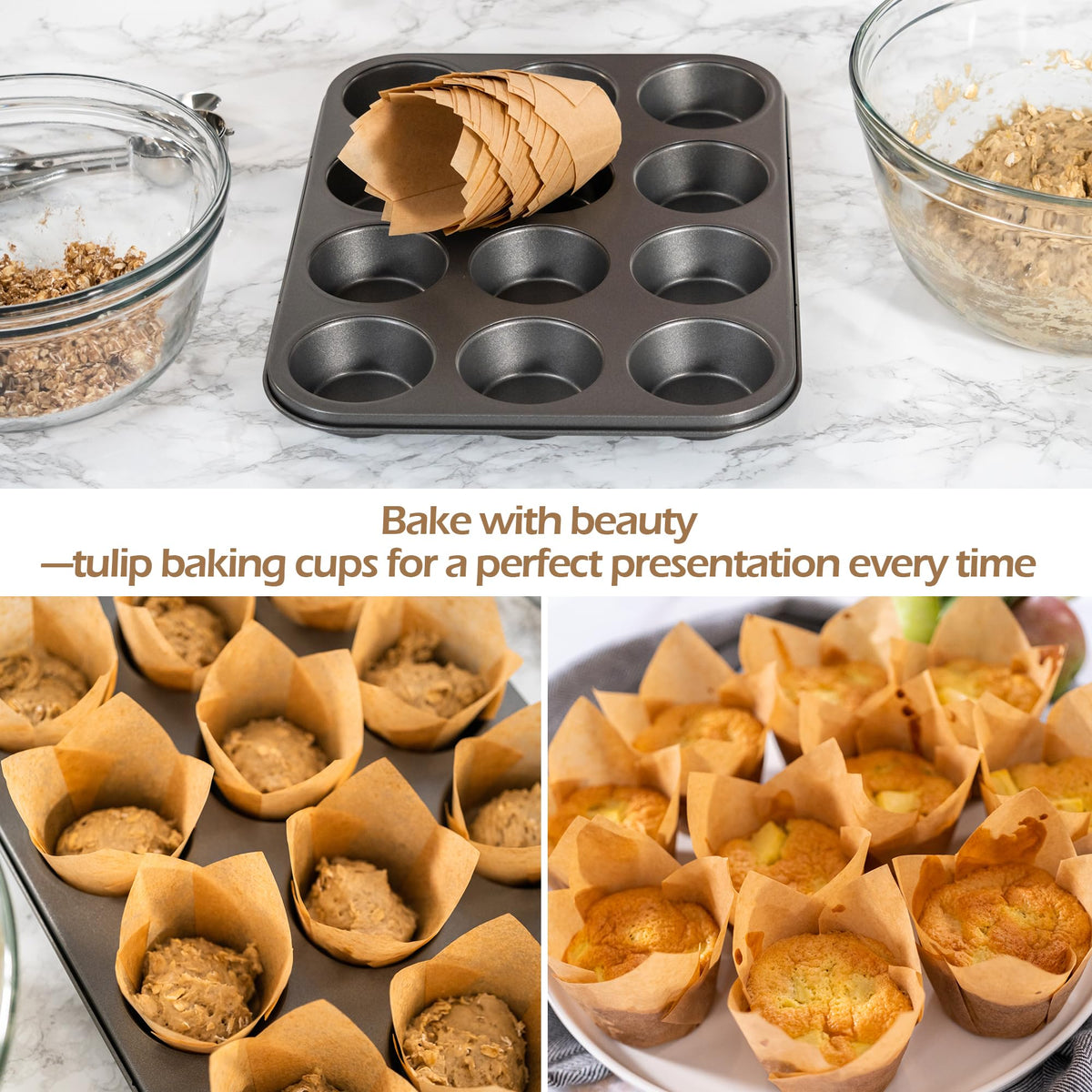 Ruisita tulip baking cups on wedding dessert table, elegant presentation.