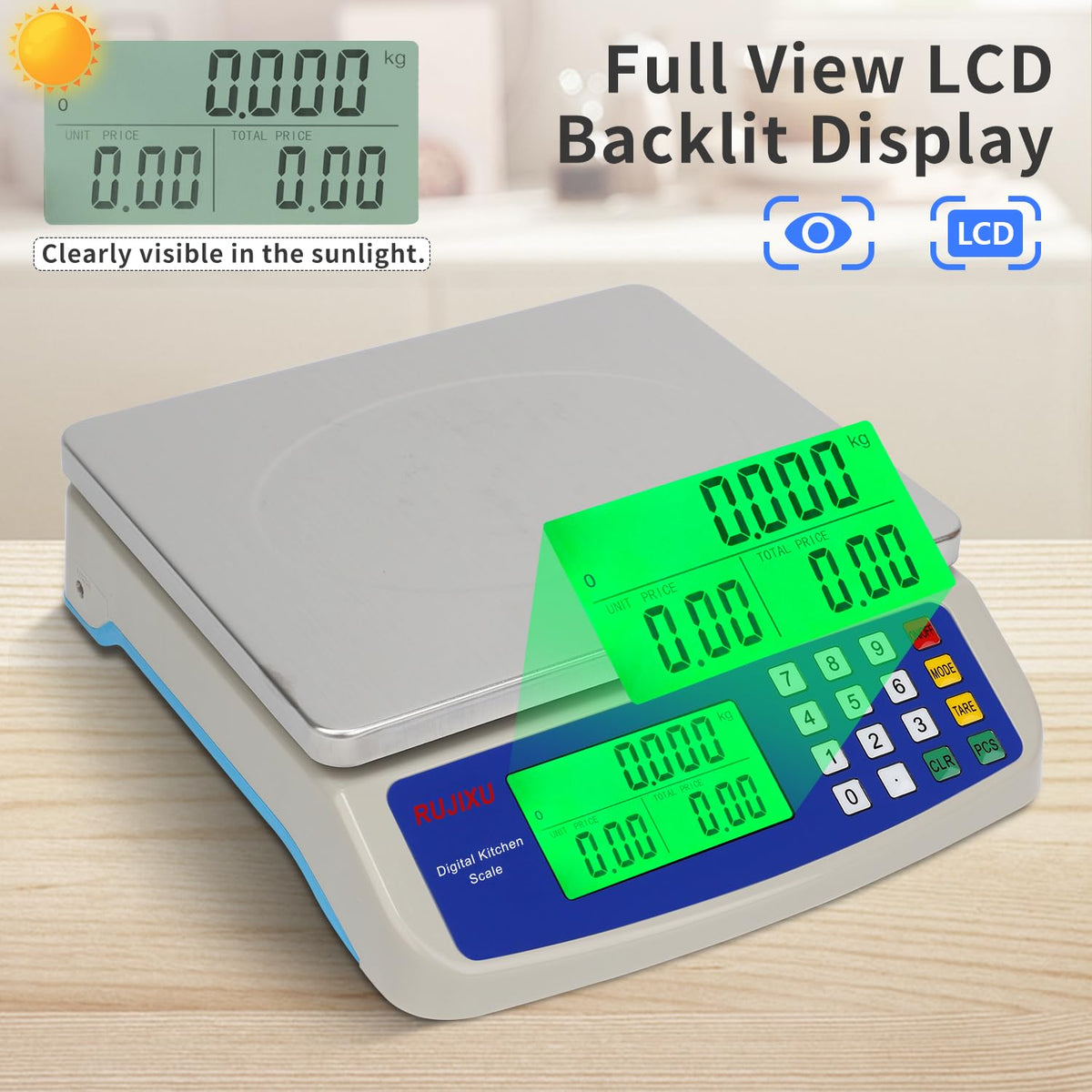 RUJIXU full-view LCD display visible in sunlight for quick reads