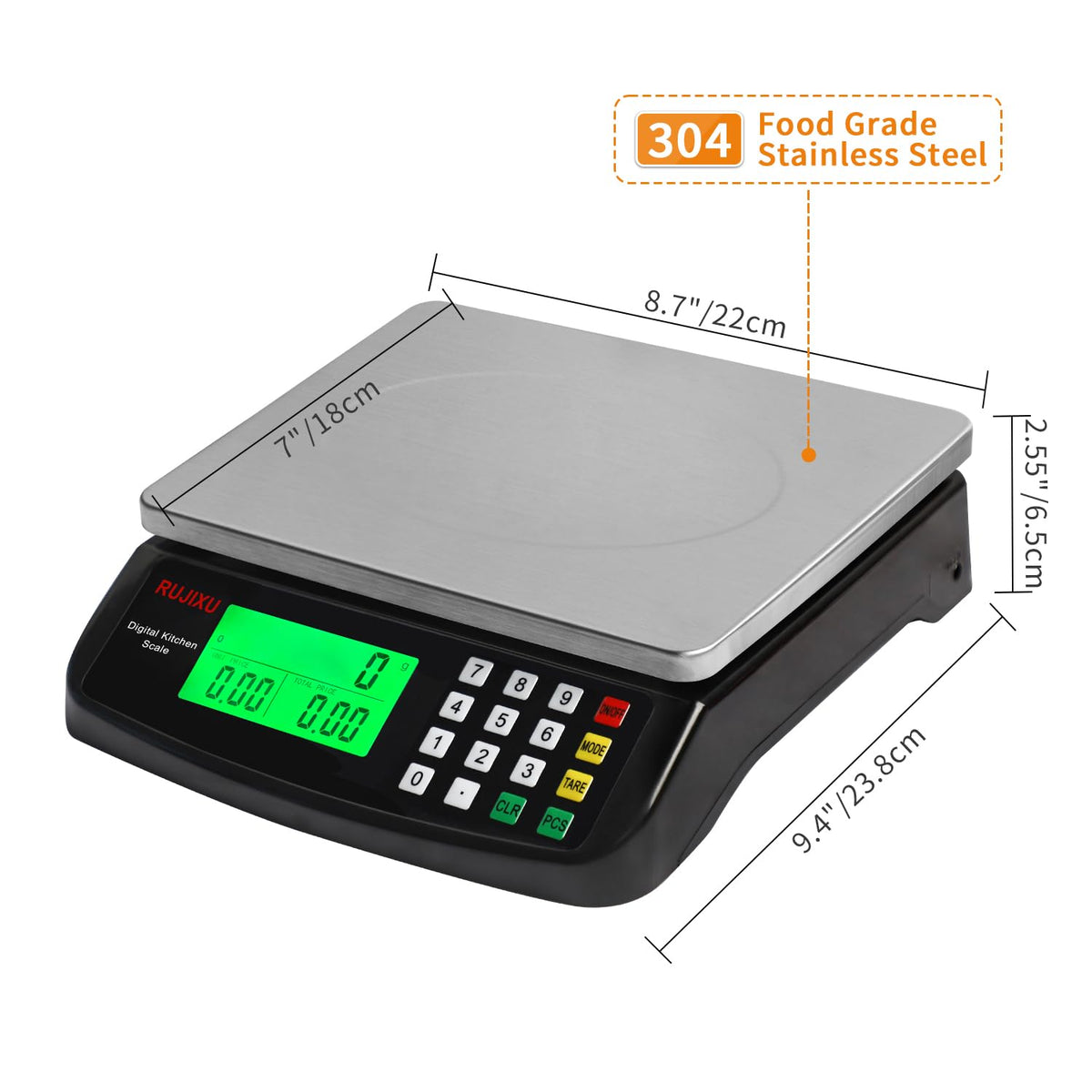 RUJIXU scale with stainless-steel platform for easy cleaning in busy kitchens