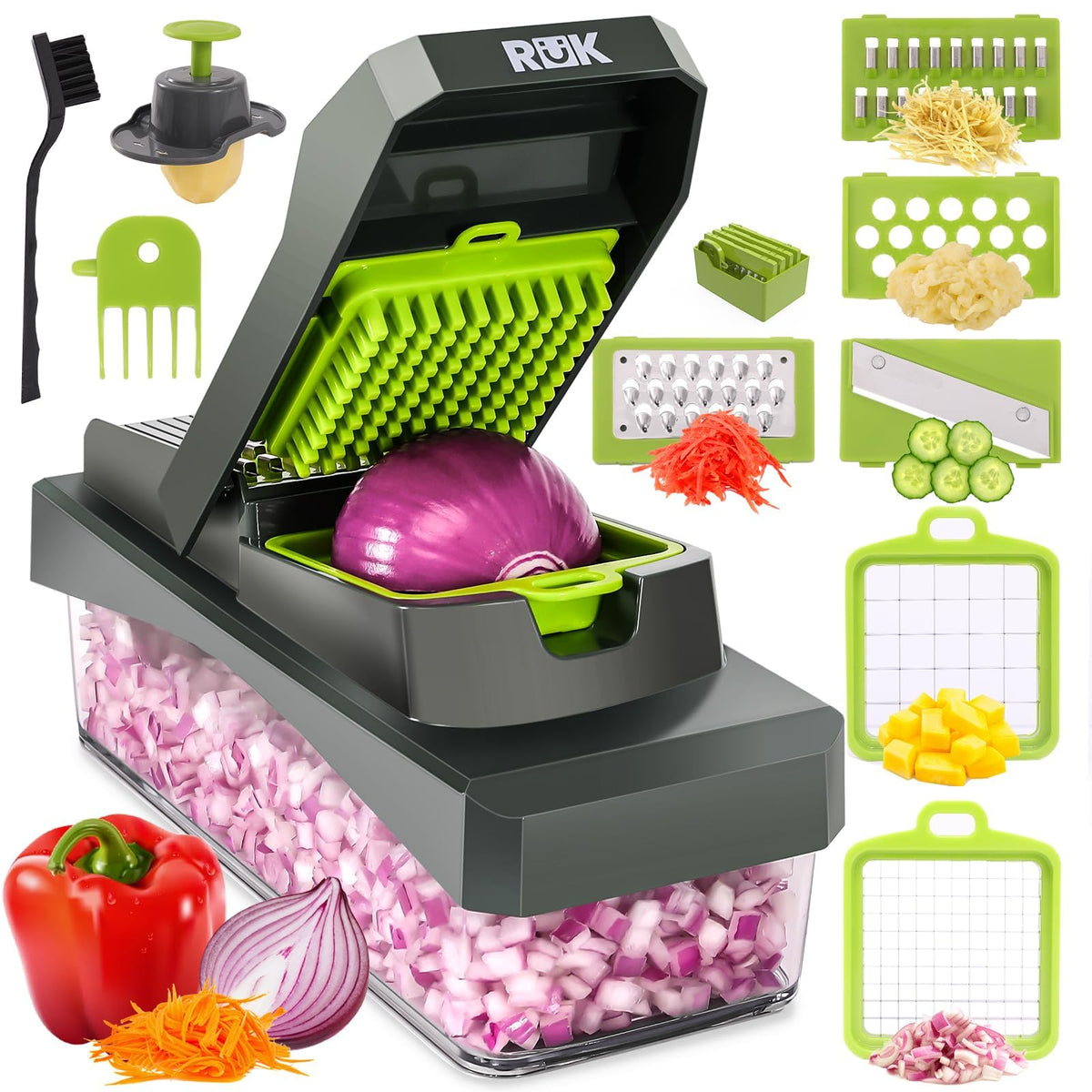 RüK 10-in-1 vegetable chopper assembly showing versatile blades for quick prep.