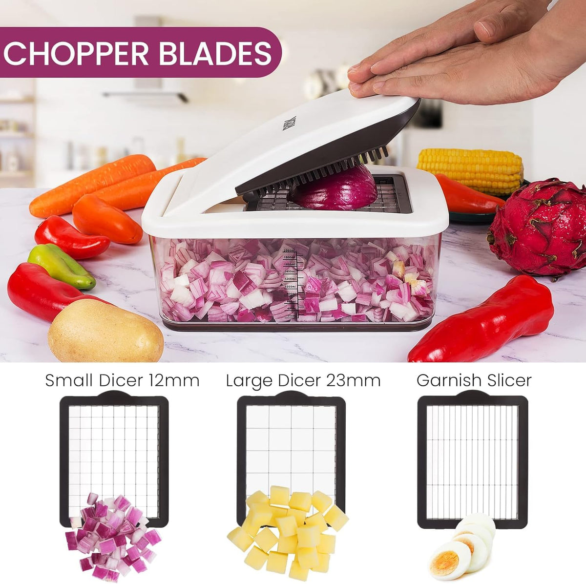 RüK chopper with 2.6-quart container supports larger batch prep.
