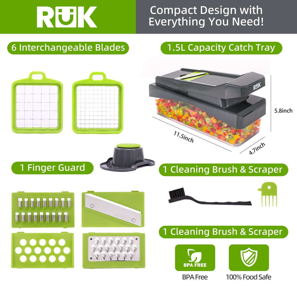 RüK vegetable chopper container with 1.5L capacity for organized chopping.