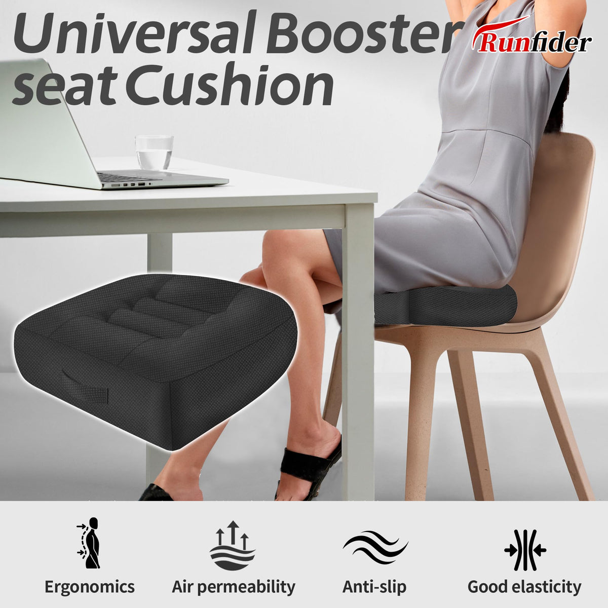 Runfider car booster cushion side view showing raised seating and improved visibility.