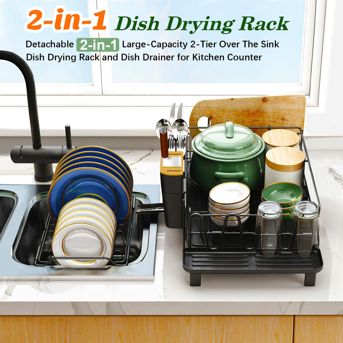 Runnatal 2-tier drainer maximizes counter space and utensil organization