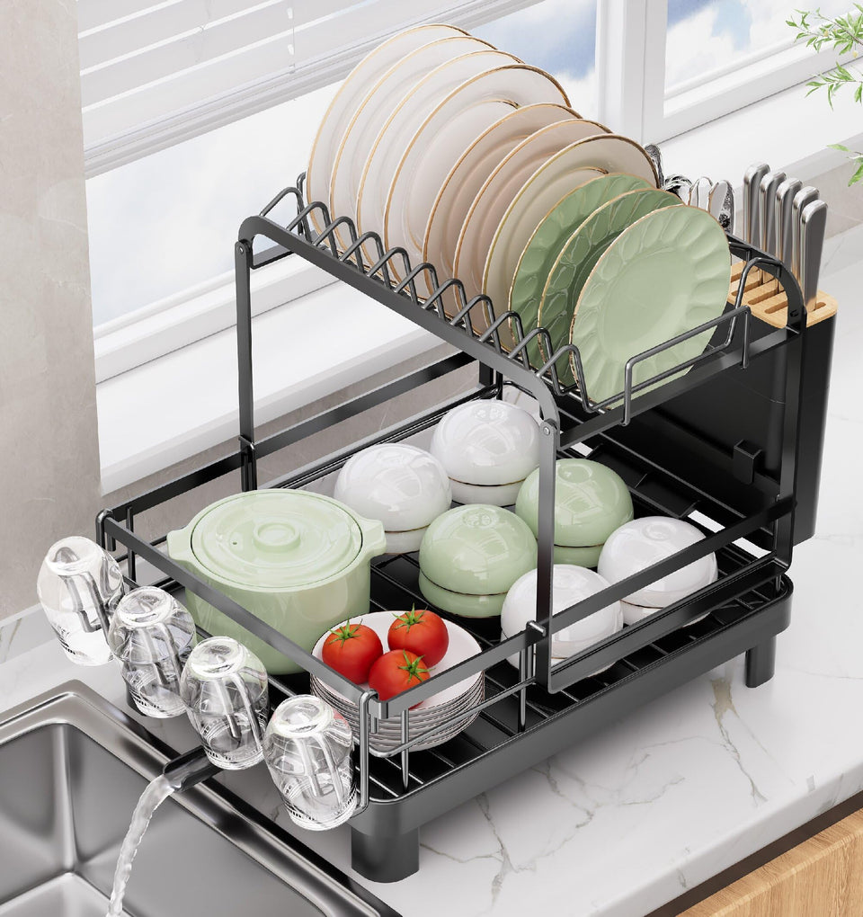 Runnatal 2-tier rack over the sink for organized dish drying and efficient drainage.