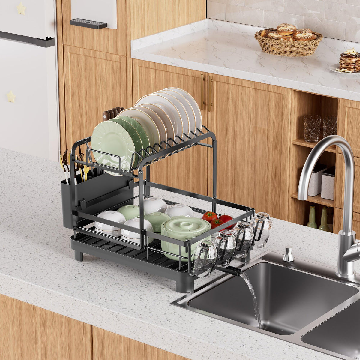 Runnatal black finish complements modern kitchens and matches appliances.