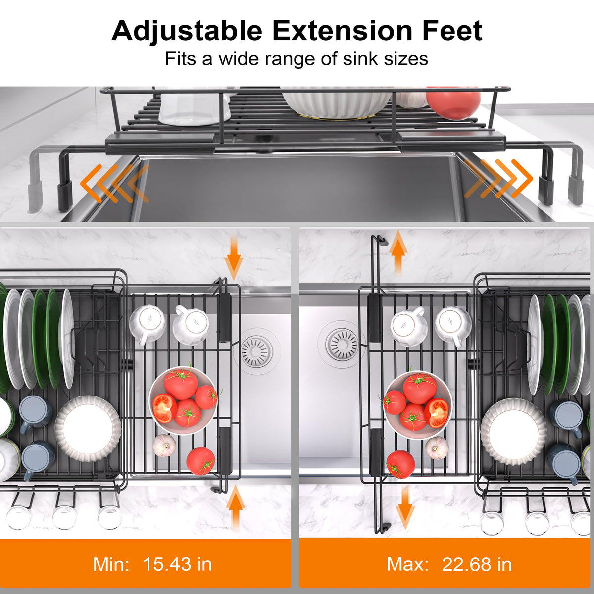 Runnatal dish drying rack adjustable feet fit various sinks for stability.