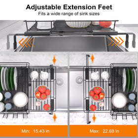 Runnatal dish drying rack adjustable feet fit various sinks for stability.