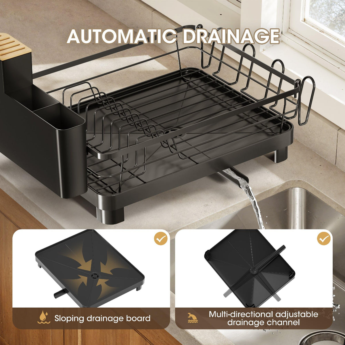 Runnatal dish drying rack features a detachable utensil holder for easy sorting.