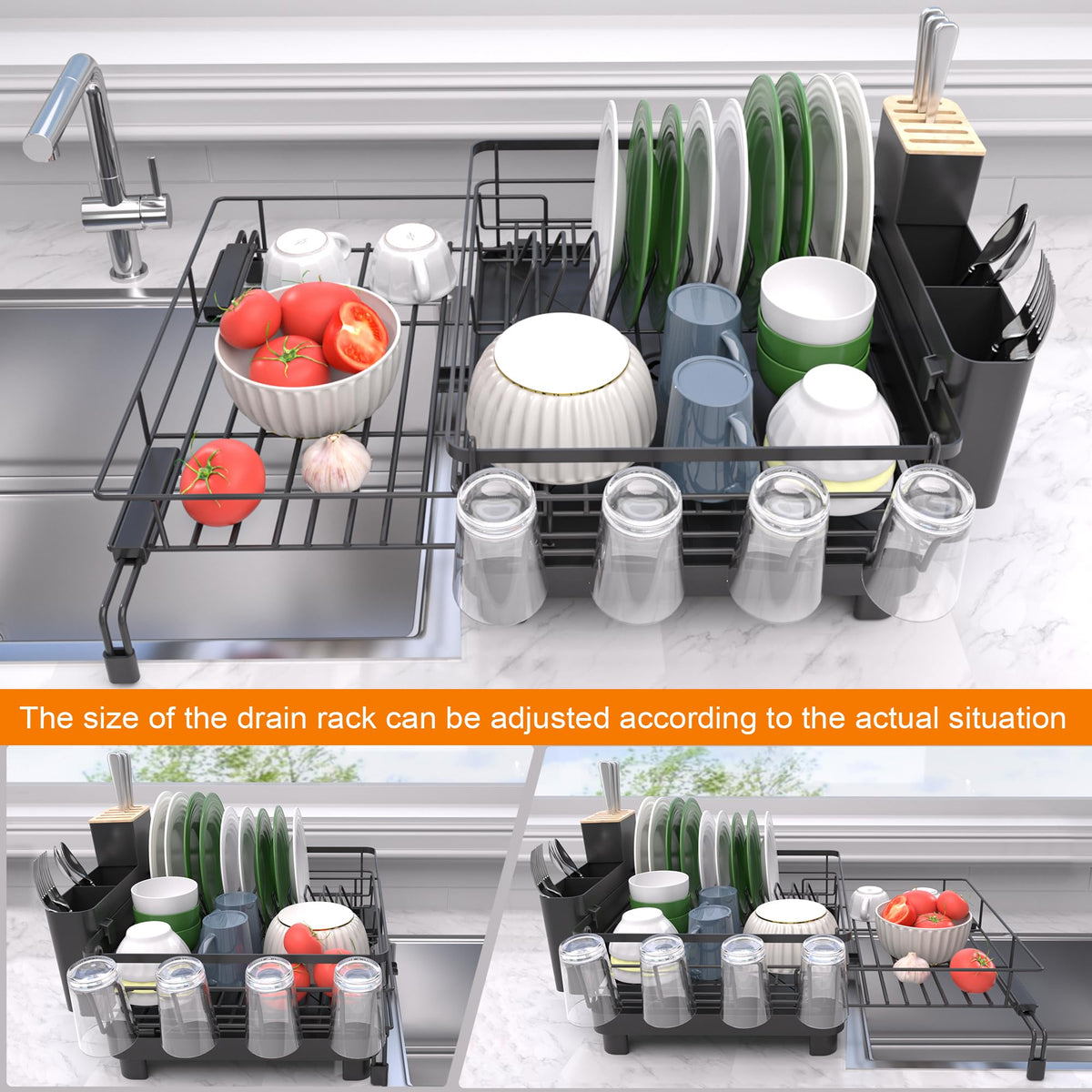 Runnatal dish drying rack drainage tray keeps counters dry.