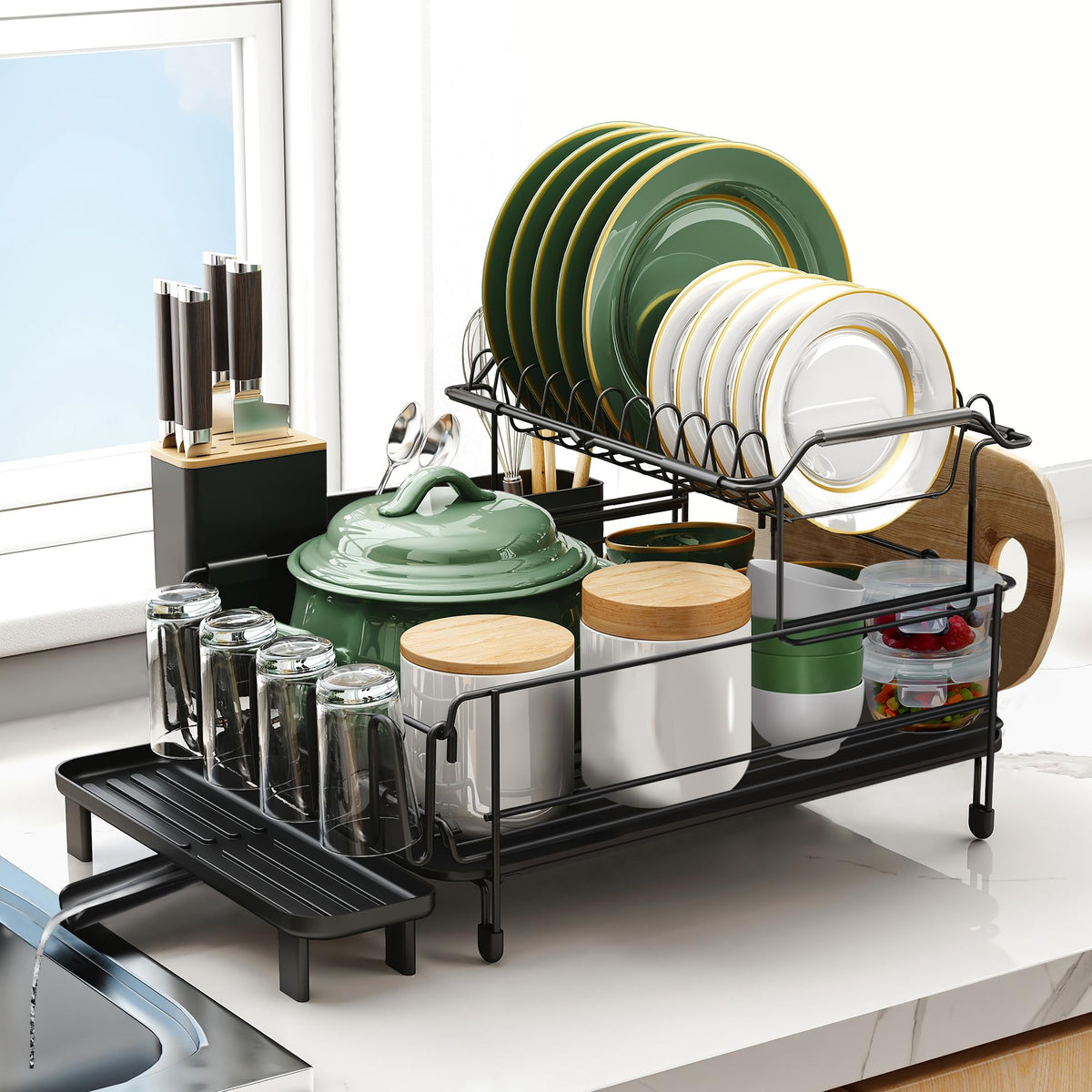 Runnatal dish drying rack with drainboard over the sink for easy draining