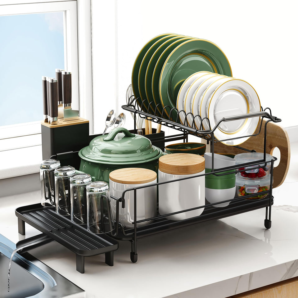 Runnatal dish drying rack with drainboard over the sink for easy draining