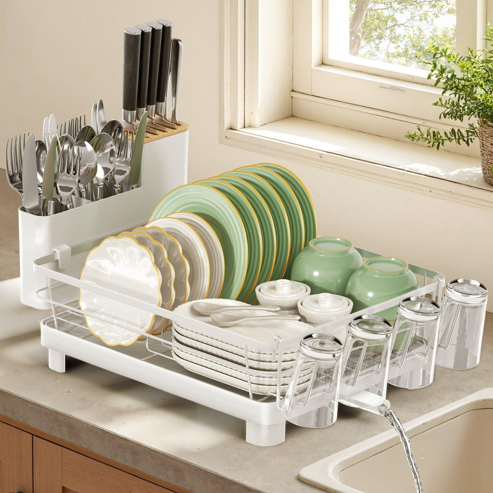 Runnatal dish drying rack with drainboard keeps countertops dry