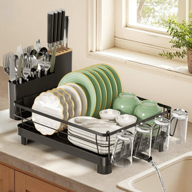 Runnatal dish drying rack with drainboard keeps counters dry after washing.