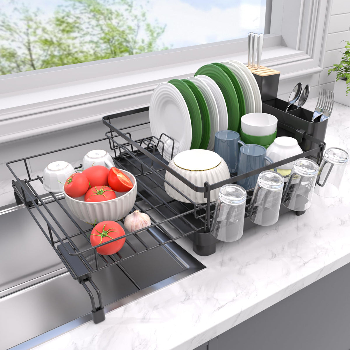 Runnatal dish drying rack extended design for larger loads and organized counters.