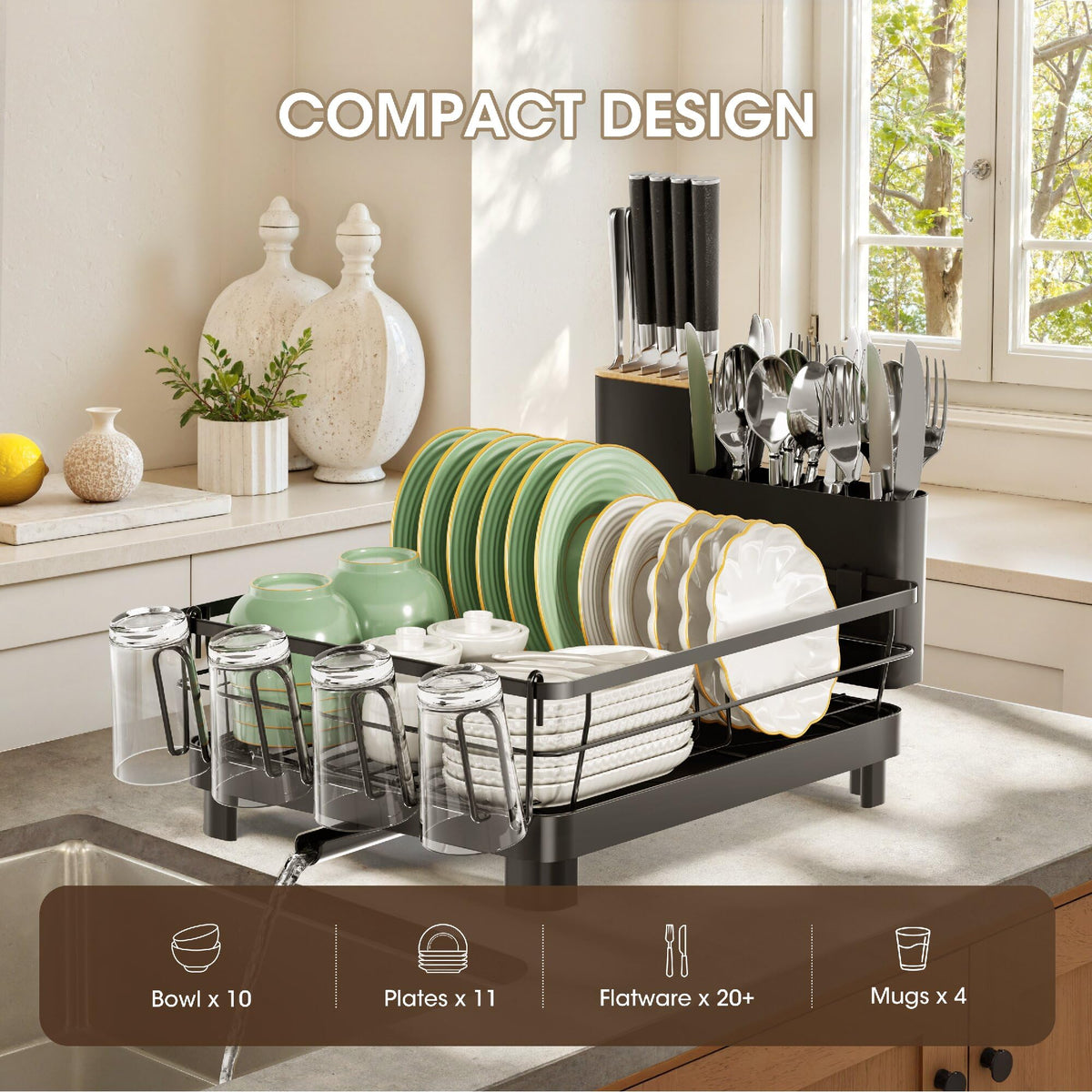 Runnatal dish drying rack includes a built-in knife block for organized utensils.