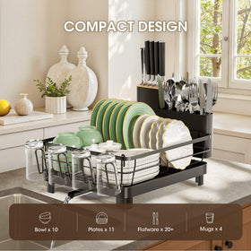 Runnatal dish drying rack includes a built-in knife block for organized utensils.
