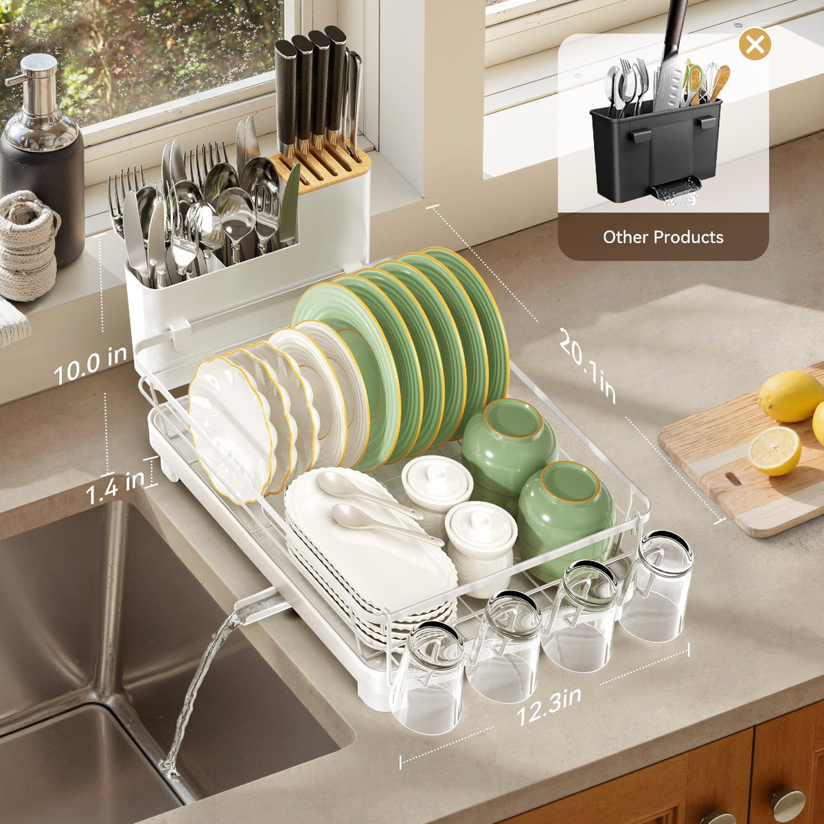 Runnatal dish rack with knife block keeps cutlery organized
