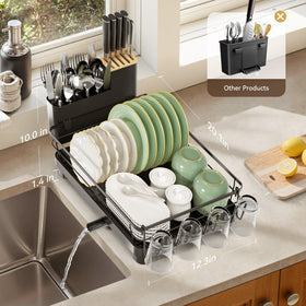Runnatal dish drying rack shows water outlet directing excess liquid into the sink.