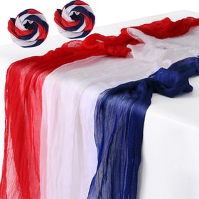 RunNico patriotic cheesecloth table runner in red, white, blue for festive dining.