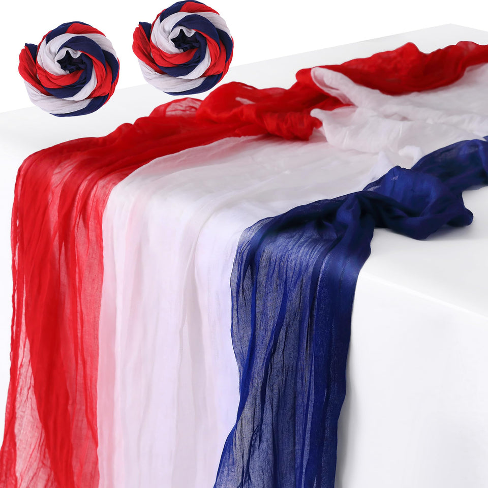 RunNico patriotic cheesecloth table runner in red, white, blue for festive dining.