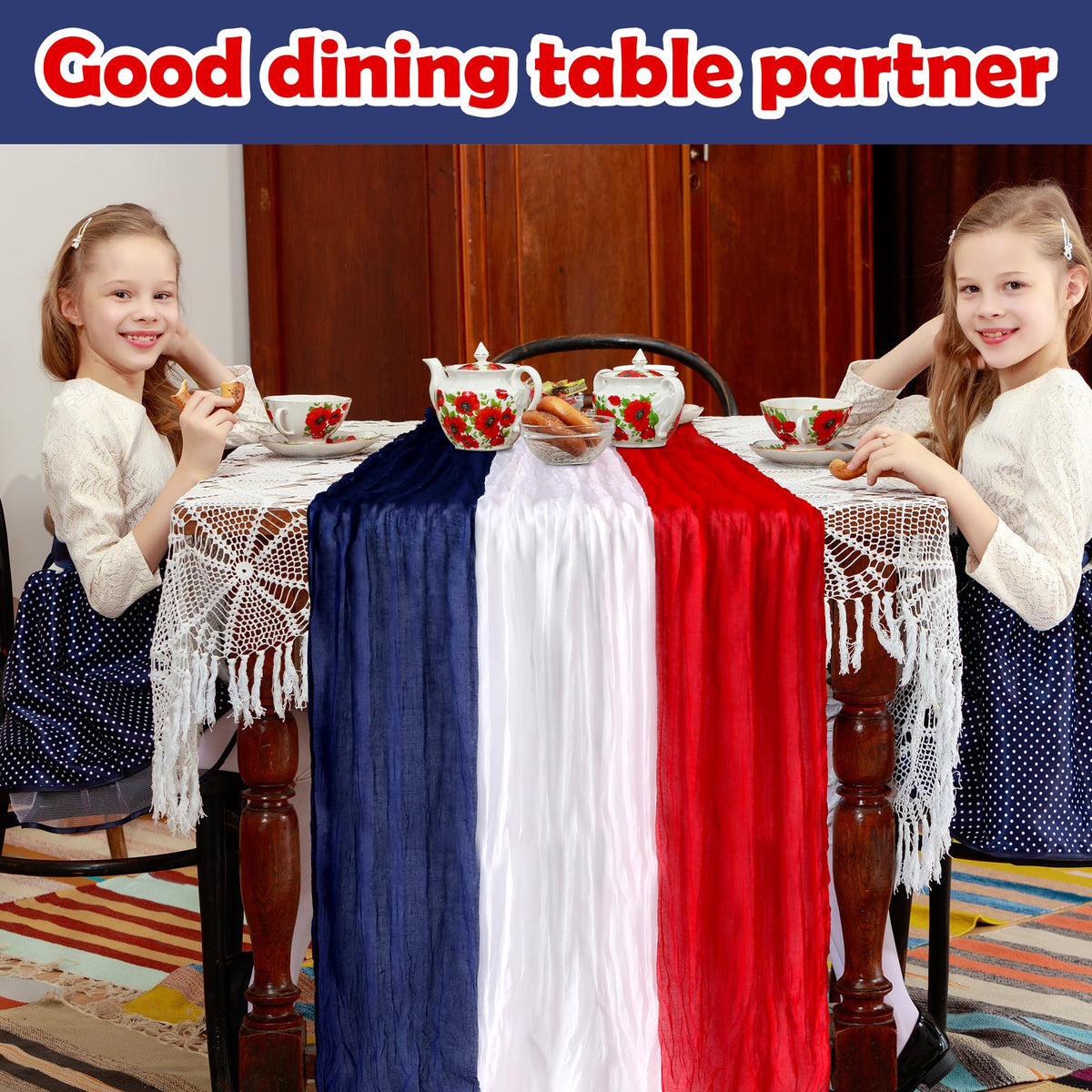 RunNico patriotic table décor with flowers and candles using the cheesecloth runner.