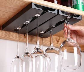 Runruii under-shelf black wine glass holder keeps stemware neatly organized.