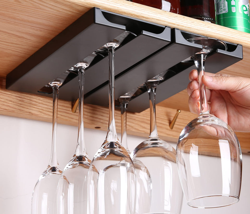 Runruii under-shelf black wine glass holder keeps stemware neatly organized.