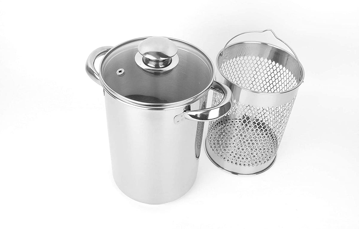 Runzi Asparagus Pot features ergonomic heat-resistant handles for safe use.