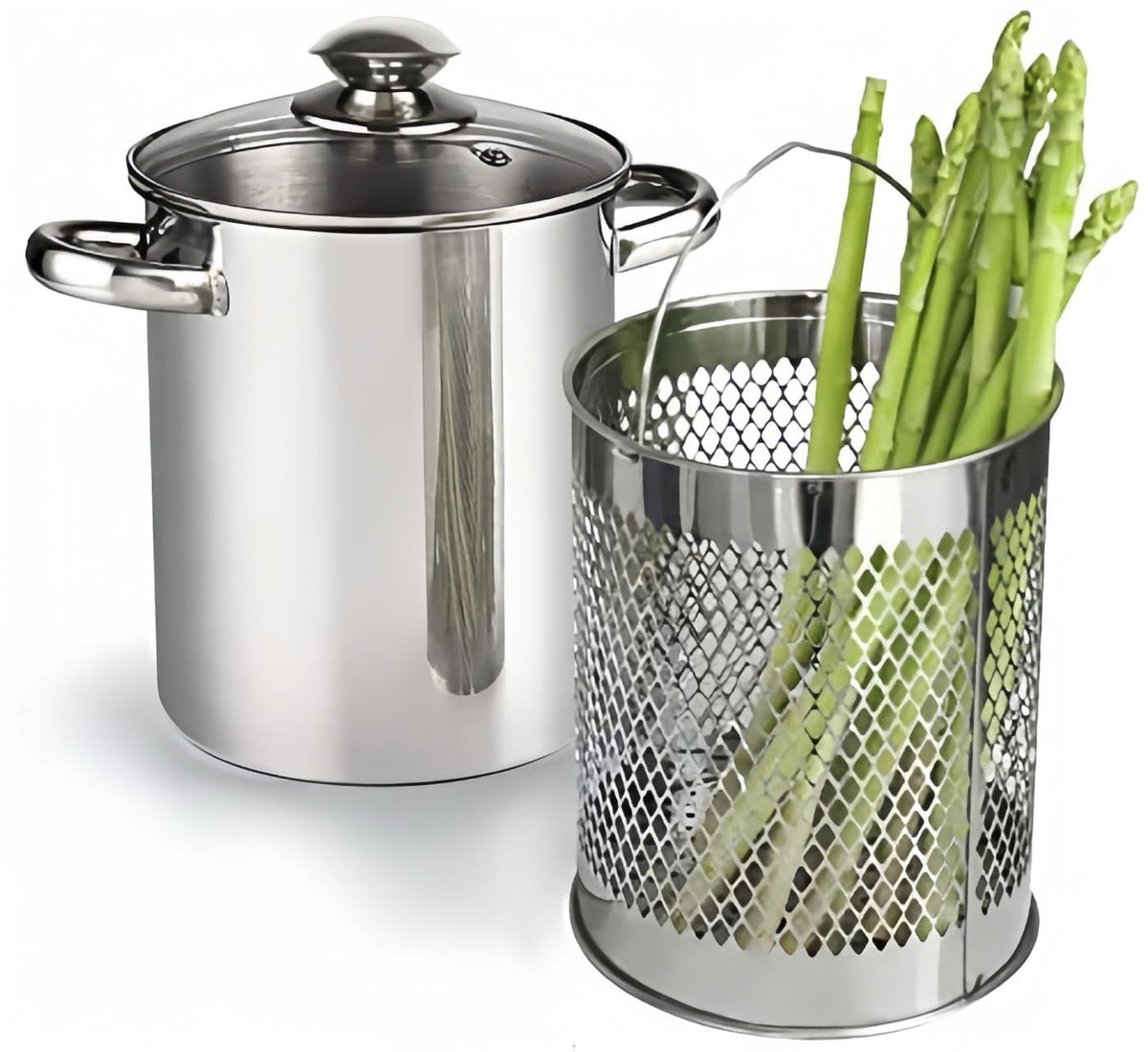 Runzi Asparagus Pot with stainless-steel steamer basket and lid for easy steaming.