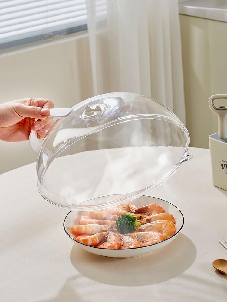 RUNZI clear splash guard resting on a plate, showcasing the see-through lid.