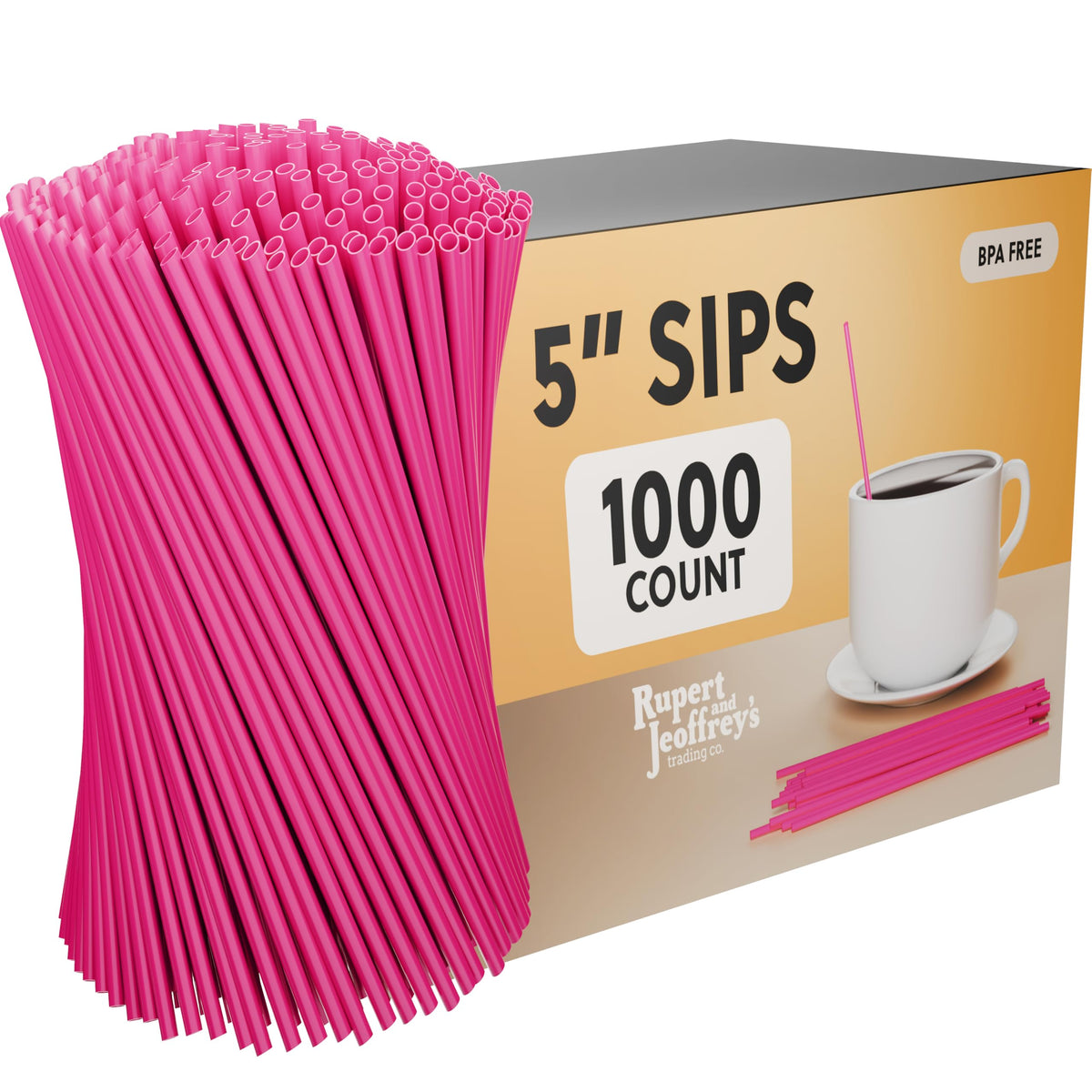 Rupert and Jeoffrey's pink 5in coffee stirrer for quick hot beverage mixing.