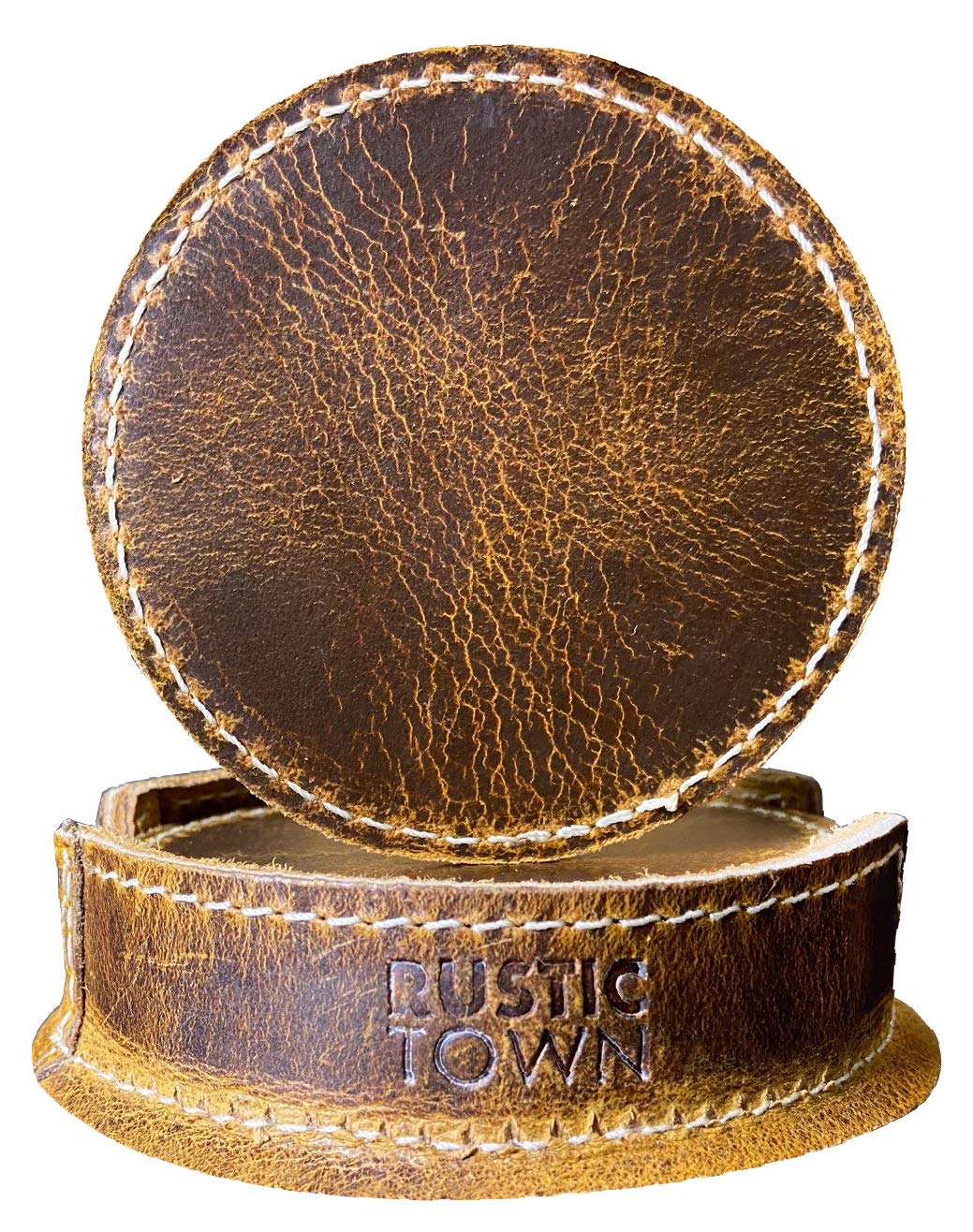 Rustic Town Leather Coaster: handmade round surface protects furniture.
