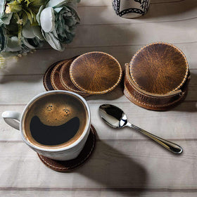 Rustic Town Leather Coaster holder helps keep coasters organized.