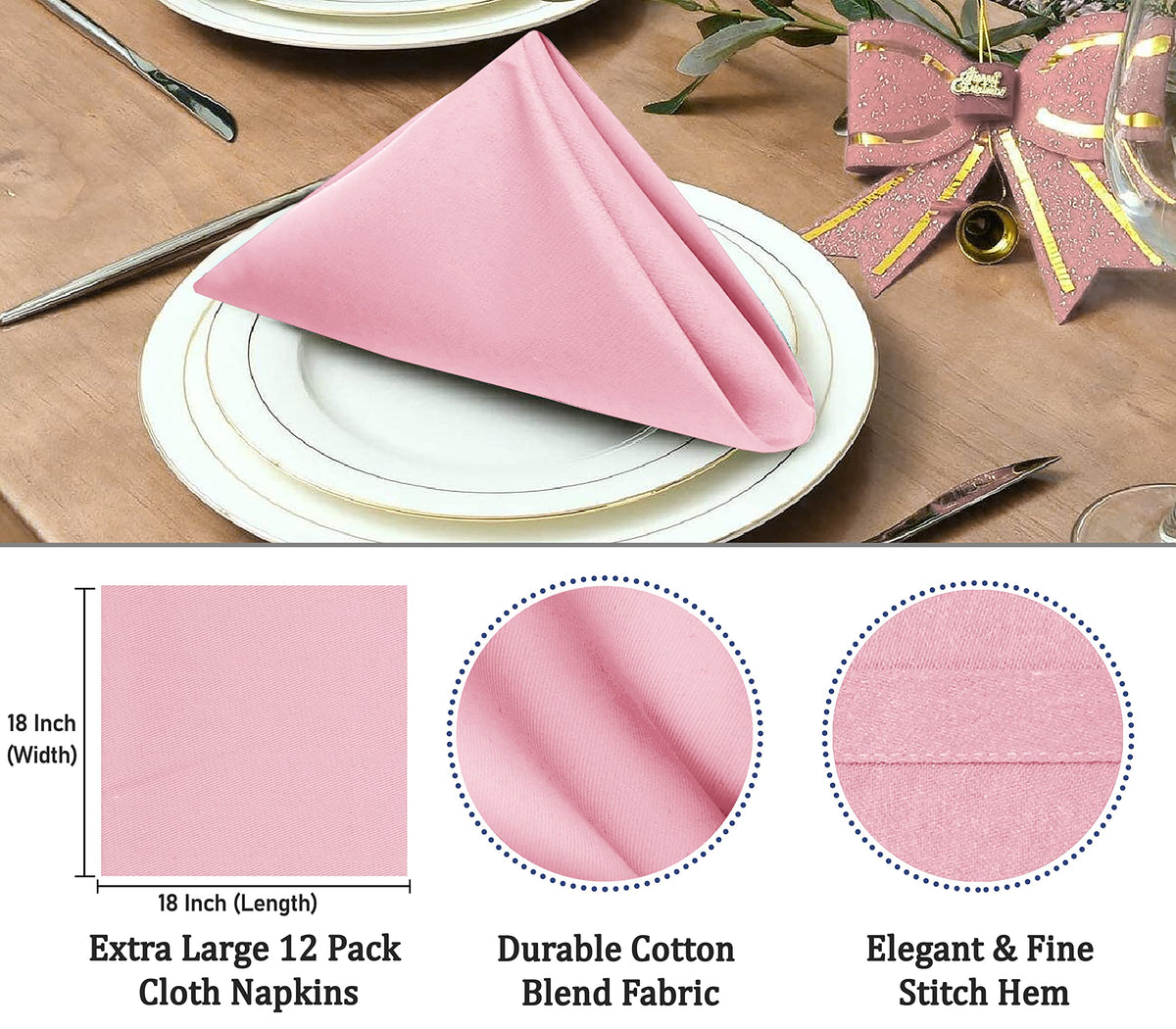 Ruvanti cloth napkins pink 18x18 close-up stitching, durable hotel-quality appeal.