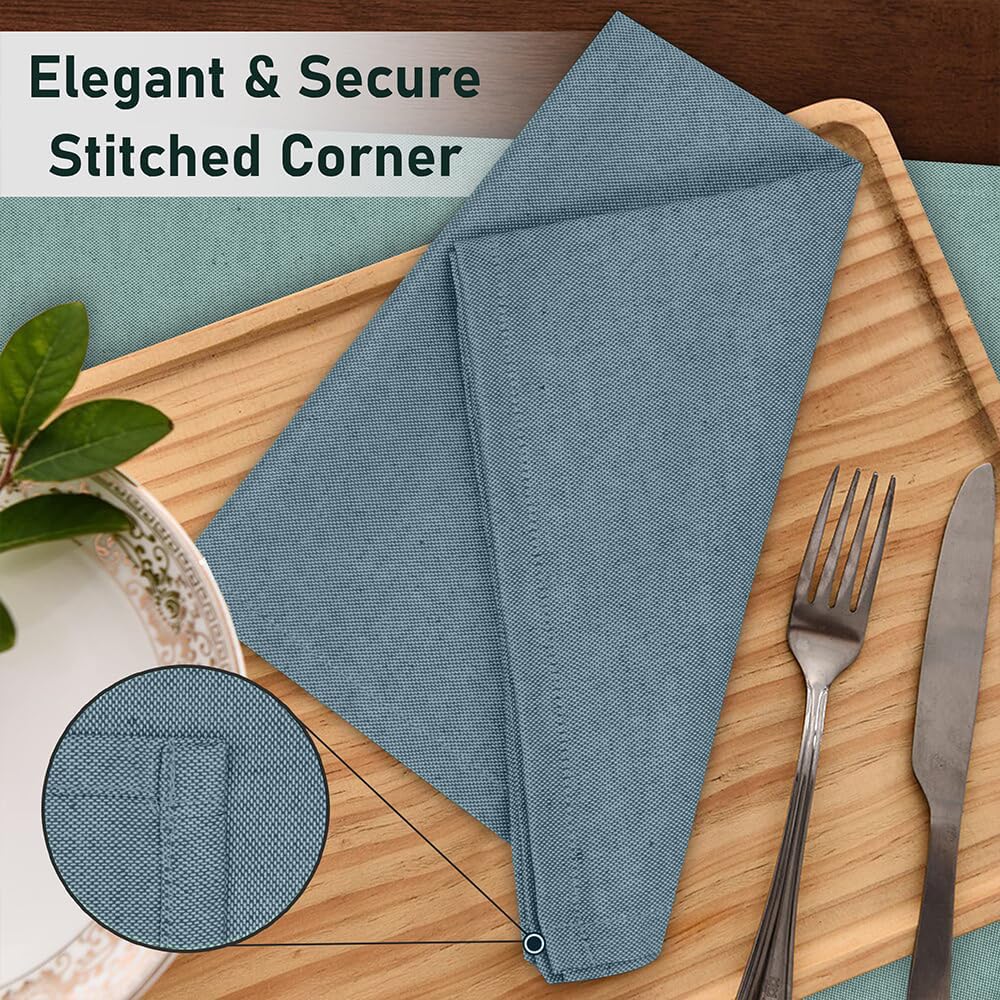 Ruvanti napkins teal closeup fabric highlights chambray texture and soft hand feel.