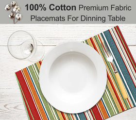 Ruvanti placemats suit dining table setup in colorful multi-stripe design