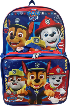 Ruz Paw Patrol backpack front print in red and blue for kids' school days.
