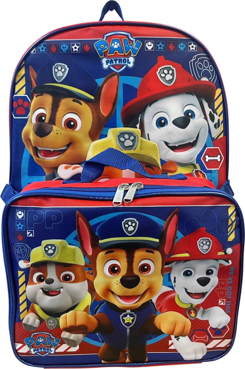 Ruz Paw Patrol backpack front print in red and blue for kids' school days.