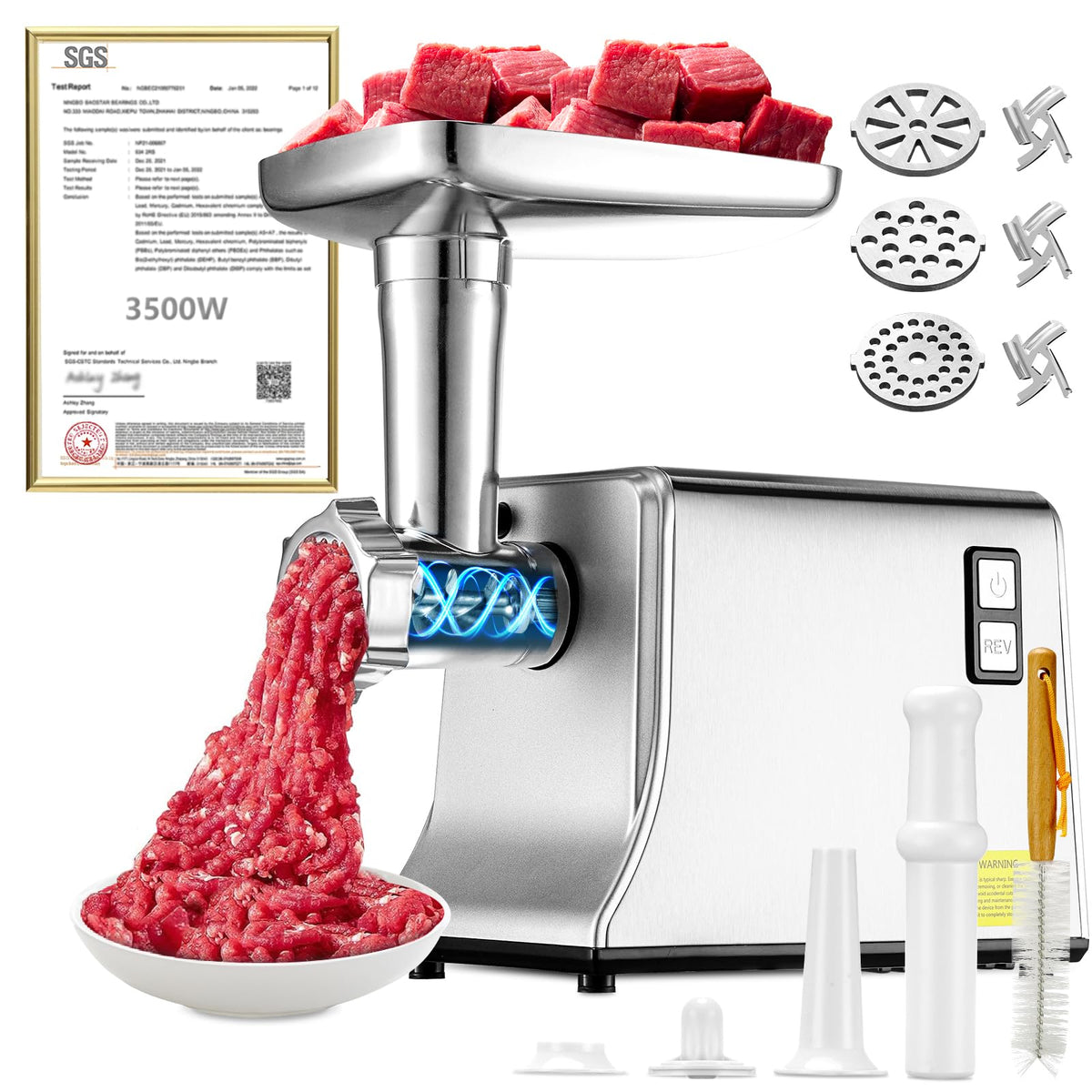 RVGMBO 5.0 upgrade meat grinder front view in silver for home use.